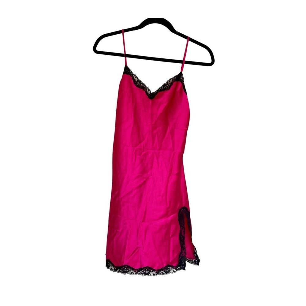 Vintage Victoria's Secret Satin Lace Chemise Slip - Hot Pink & Black - Size S